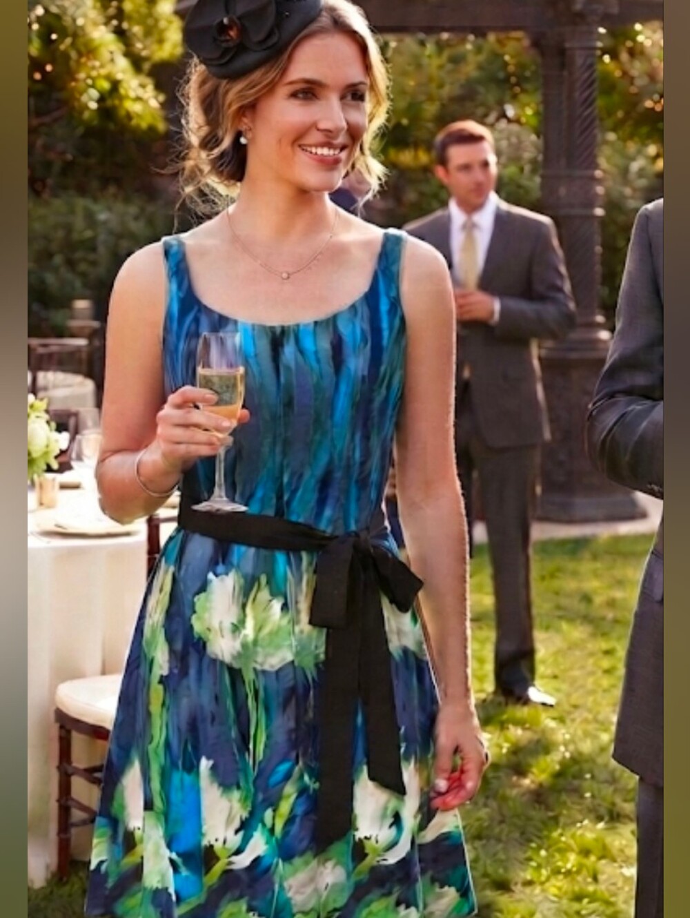 Sleeveless Bellisima Blue Floral A-Line Dress with Black Waist Tie And Zip Back